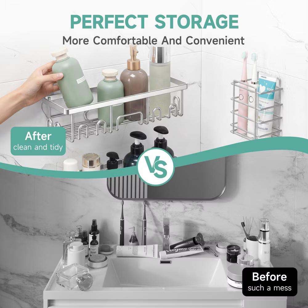 Veken Shower Caddy 6 Pack, No Drill Rustproof Waterproof Adhesive Shelf Organizer, Large Capacity Wall Mount Bathroom Rack for Kitchen Home - Image 2