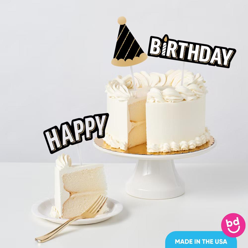 Happy Birthday Cake Topper Set, Black and Gold Birthday Party Decorations for Adults or Milestone Celebrations - Image 5