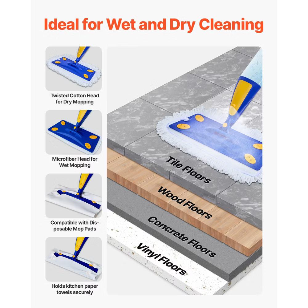 VEVOR Spray Mop, with 3 Washable Pads for Dry and Wet Floor Cleaning and a 27oz Refillable Water Tank, Microfiber Dust Wet Mop, Blue - Image 7