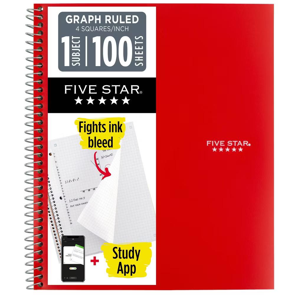 Five Star 1 Subject 100pg Graph Ruled Solid Spiral Notebook: Multicolor, 8.5x11", Flexible Cover, 3 Hole Punched