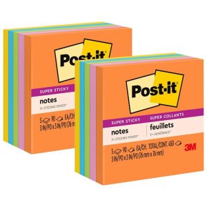 Super Sticky Notes, 3 in 3 in, Energy Boost Collection, 5 Pads/Pack, 2 Packs