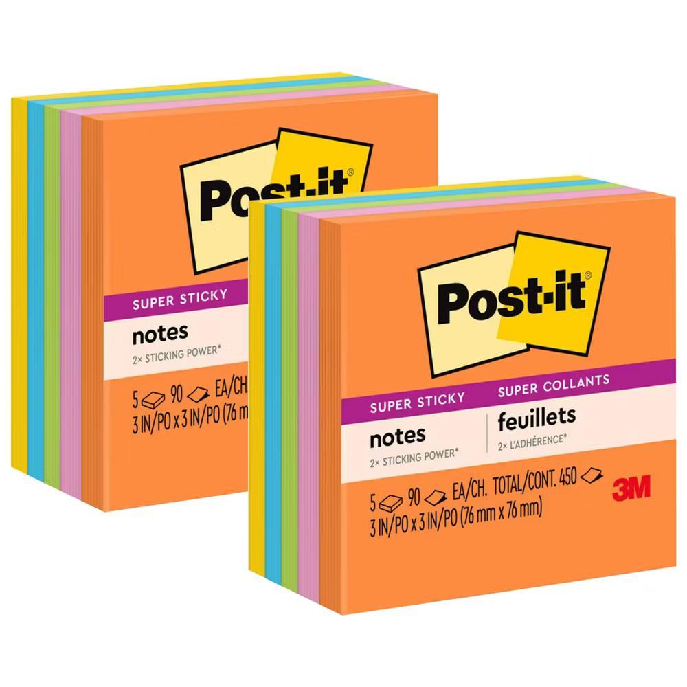 Super Sticky Notes, 3 in 3 in, Energy Boost Collection, 5 Pads/Pack, 2 Packs