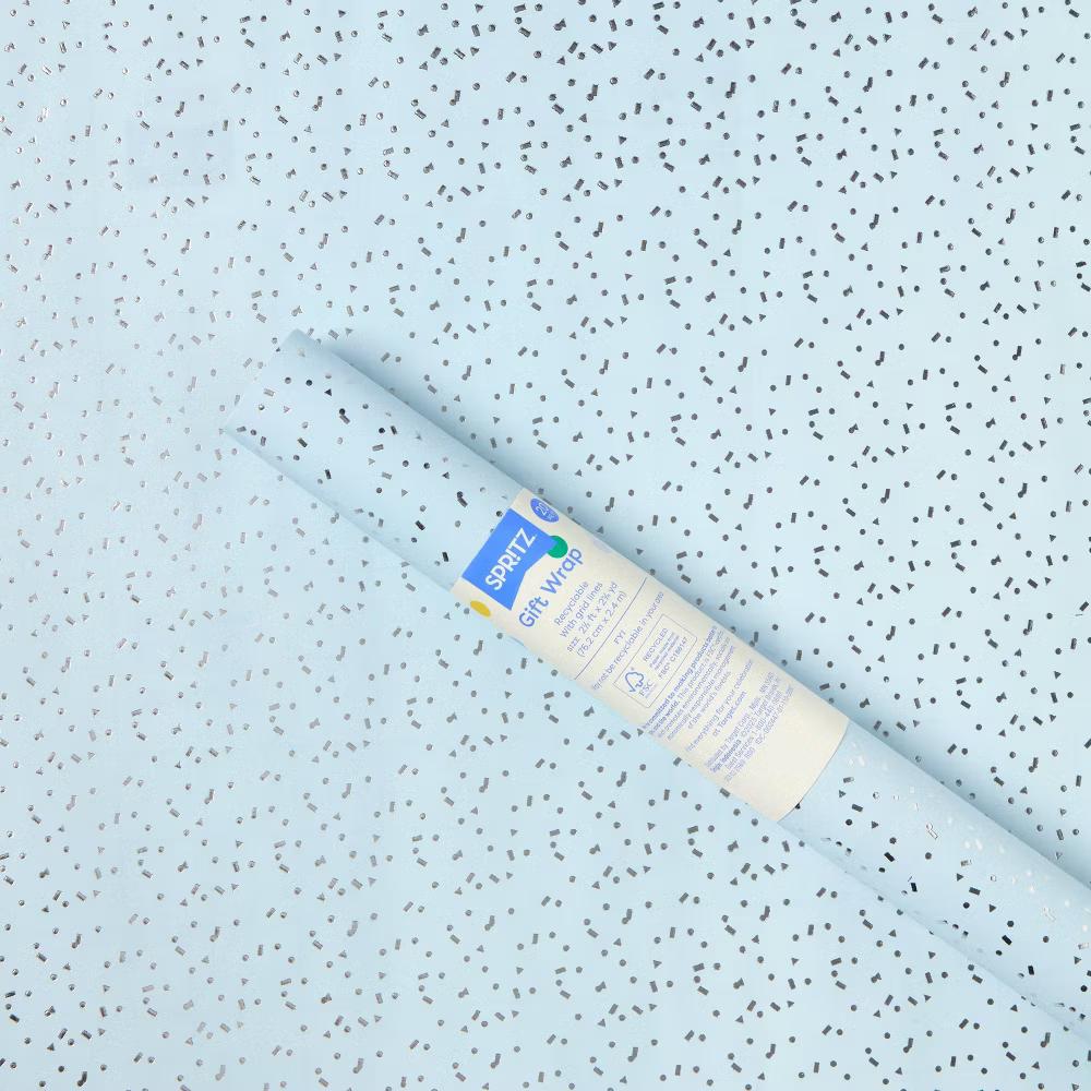 96"x30" Foil Confetti Print Wrapping Paper Blue/Silver