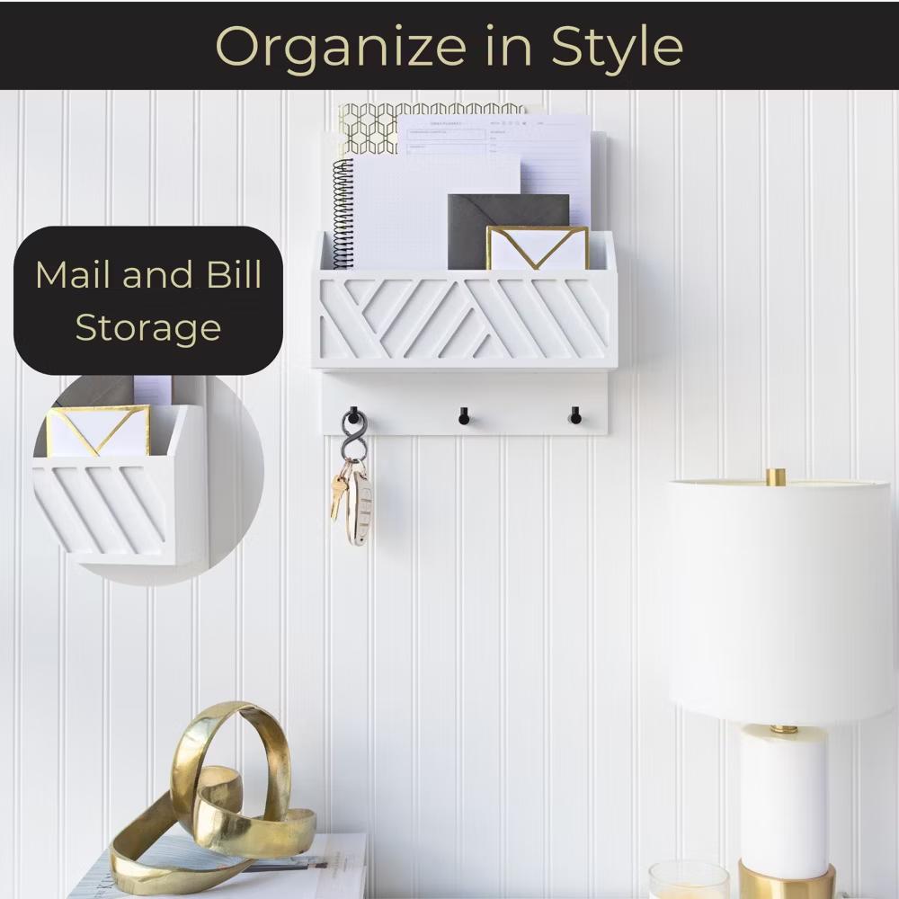 Wall Mounted Mail Organizer with 2 Slots and 3 Hooks – Multiple Finishes – MDF Wood - Image 21