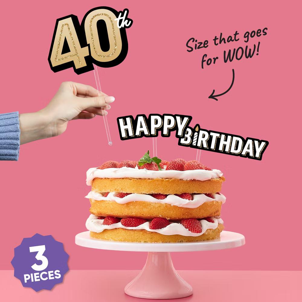 40th Birthday Cake Topper Set, Black and Gold Happy 40th Birthday Party Decorations for Adult Milestone Celebrations - Image 3