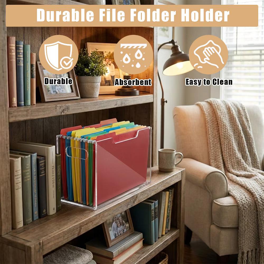 File Organizer Box for Letter Size Hanging Folders, Acrylic Desk File Holder with Portable Handle, Clear Modern Document Storage Rack for Office - Image 4