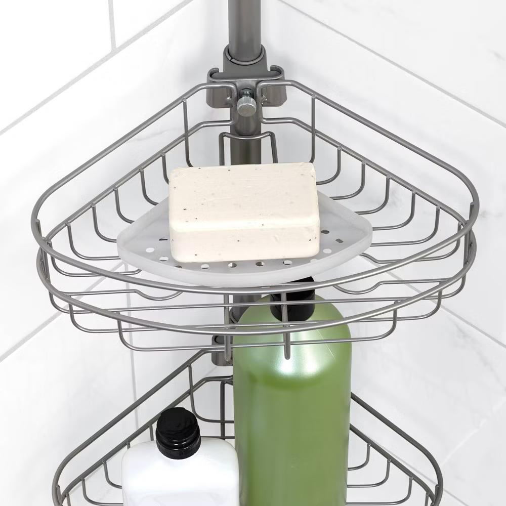 Corner Tension Pole Shower Caddy Nickel - Zenna Home: Metal Bath Organizer, 4 Baskets, Adjusts 5' to 9' - Image 4