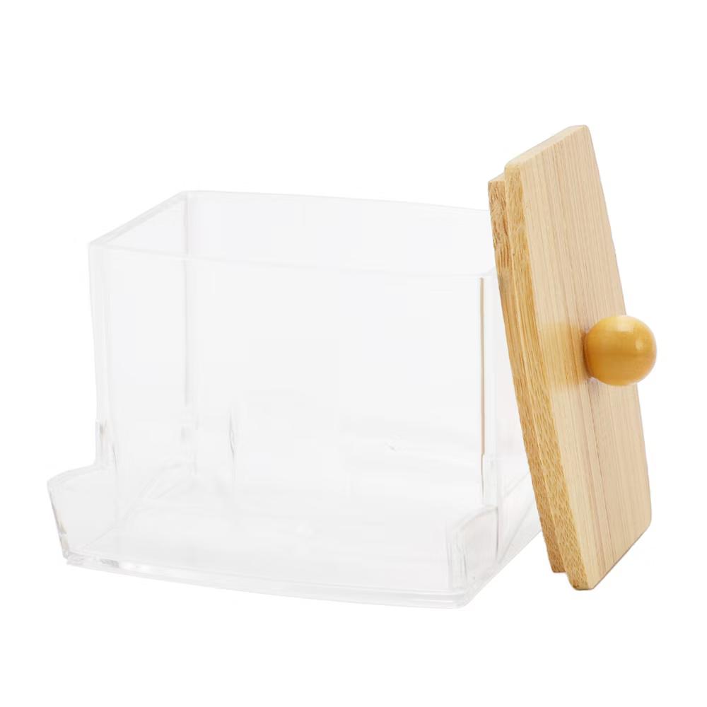 Acrylic Bamboo Wood Cotton Swab Jar Clear Wood Color - Image 5