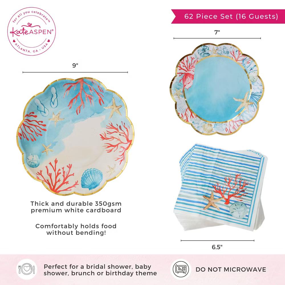 Beach Party 62 Piece Coastal Party Tableware Set, Birdal Shower Decorations Plates & Napkins, Vibrant Floral Nautical (16 Guests) - Image 5