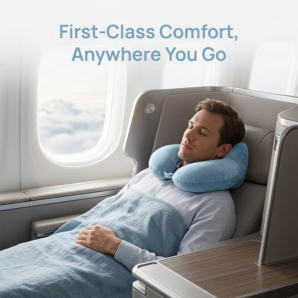 U‑Shape Memory Foam Travel Neck Pillow with Snap Closure Plush Cover 1Pc - Image 25