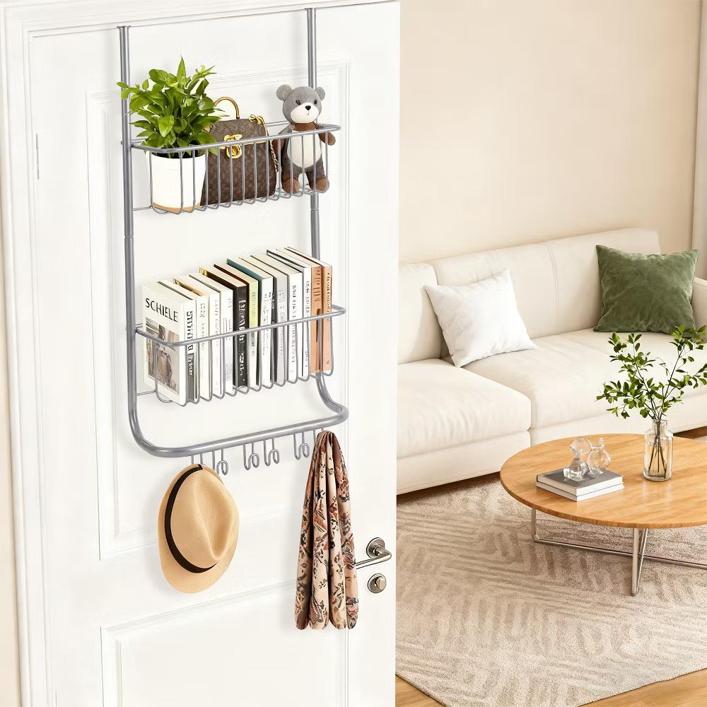 Over The Door Organizer, 2-Tier Metal Shower Caddy with 6 Hooks, Adjustable Hanging Storage - Image 8