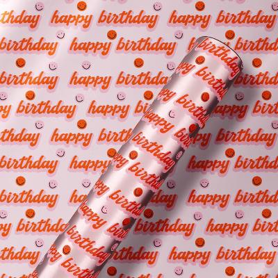 Happy Birthday Foil Wrapping Paper, Pink Smiley Faces 1 Roll 72"x30" - 15 sq ft - Designed by Spaghetti and Meatballs - Image 4