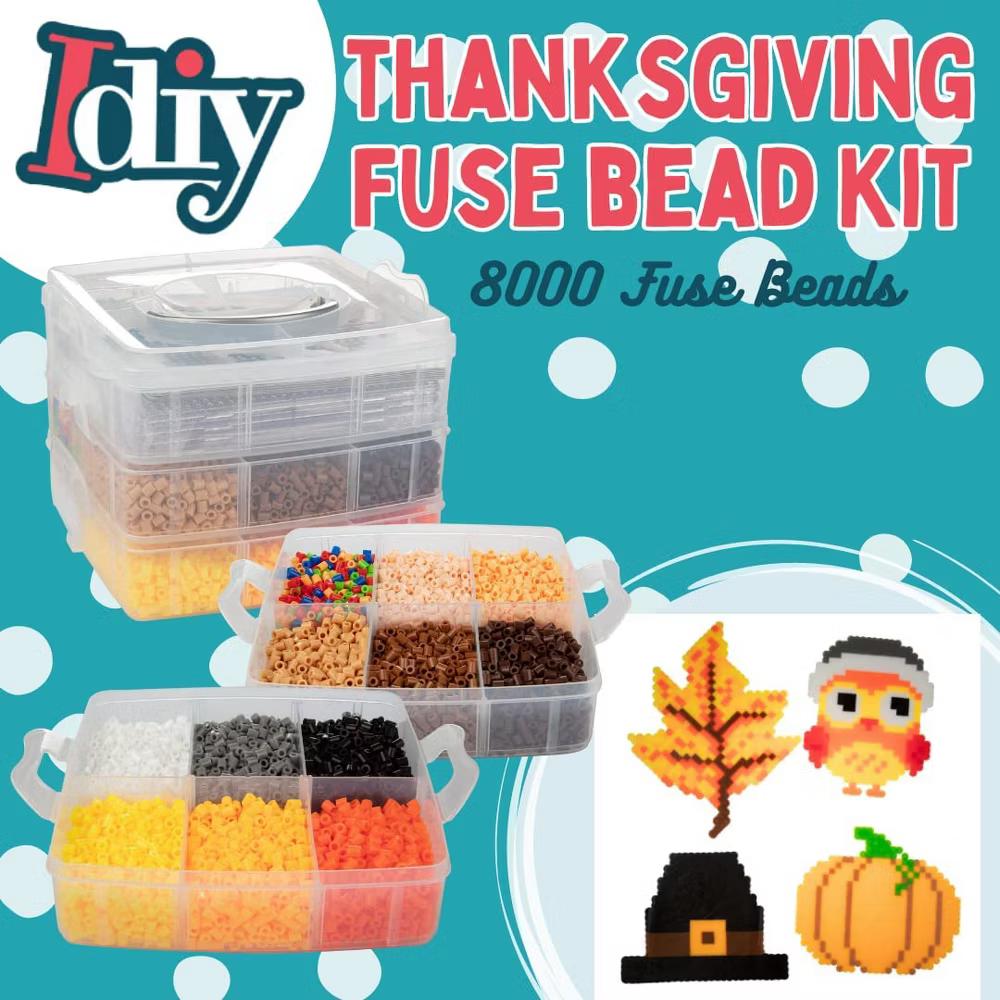 8,000pc DIY Thanksgiving Fuse Bead Craft Kit - 15 Colors, 10 Unique Templates, 4 Peg Boards, Tweezers, Ironing Paper, Case - Works w Perler Beads - Image 2