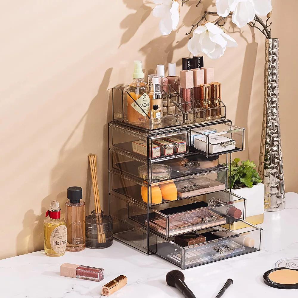 2 Piece Acrylic Makeup and Jewelry Storage Organizer Case (6 Drawers and Lipstick Tray) - Image 6