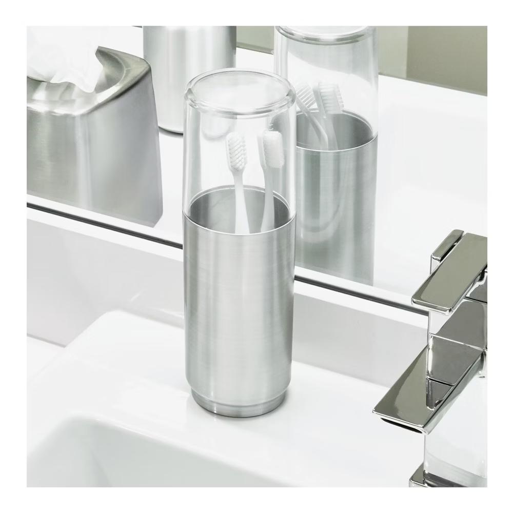 Austin Covered Toothbrush Holder Clear/Brushed: Bathroom Organizer with Steel & Plastic Design - Image 4