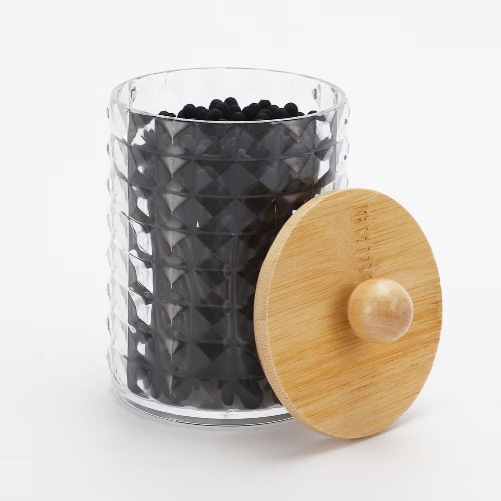 Square Diamond Pattern Acrylic Bamboo Wood Cotton Swab Jar Clear Wood Color 1 Pc - Image 3