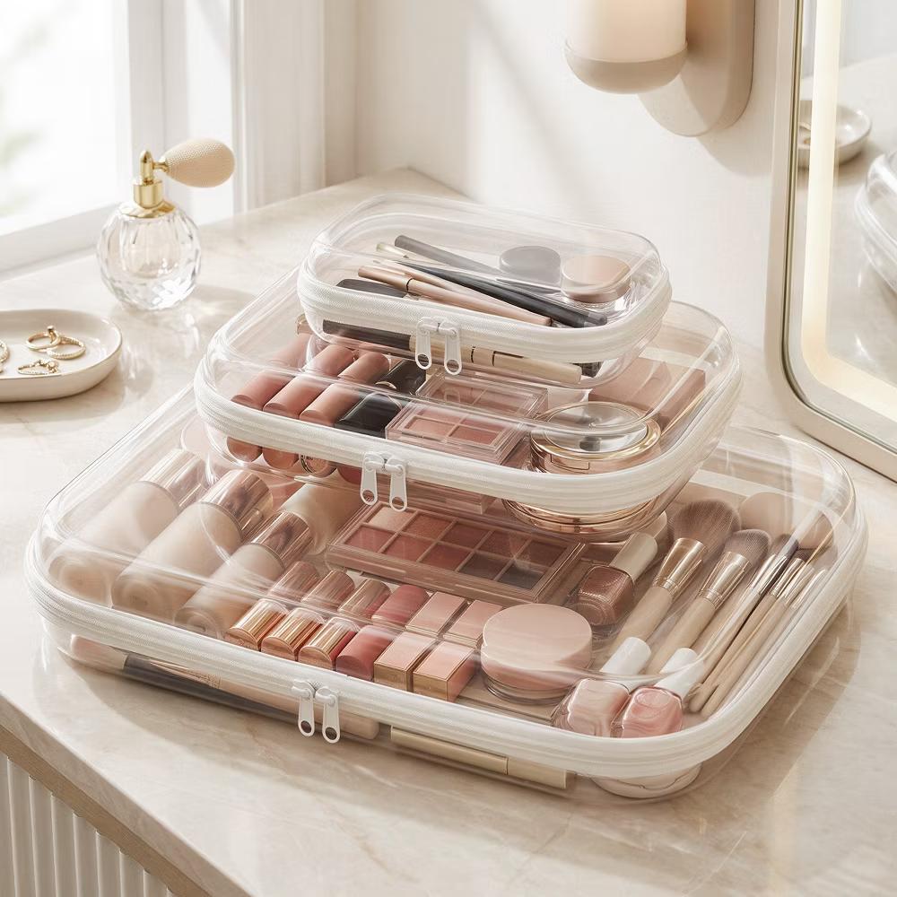 Transparent Hard Shell Zipper Case, Clear Travel Storage Organizer for Toiletries, Makeup, and Cosmetics (Set of 3) - Image 3