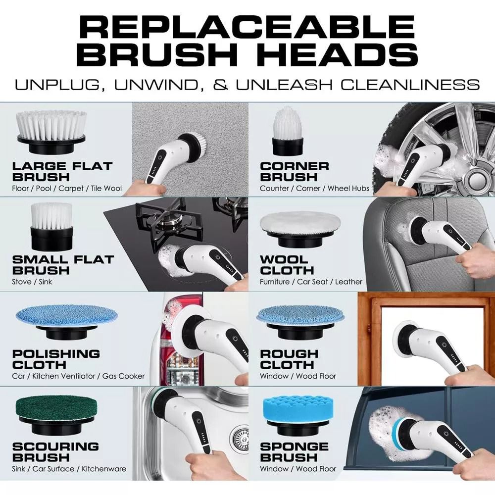 Electric Spin Scrubber, 8 in 1 Power Cleaning Brush with Adjustable 12”–54” Handle, Dual Speed, Waterproof Shower, Tile, Tub & Car Scrubber - Image 6