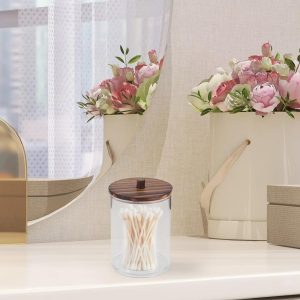Round Cup Cylindrical Cover Acrylic Cotton Swab Holder Bathroom Transparent Dark Brown 1 Pc