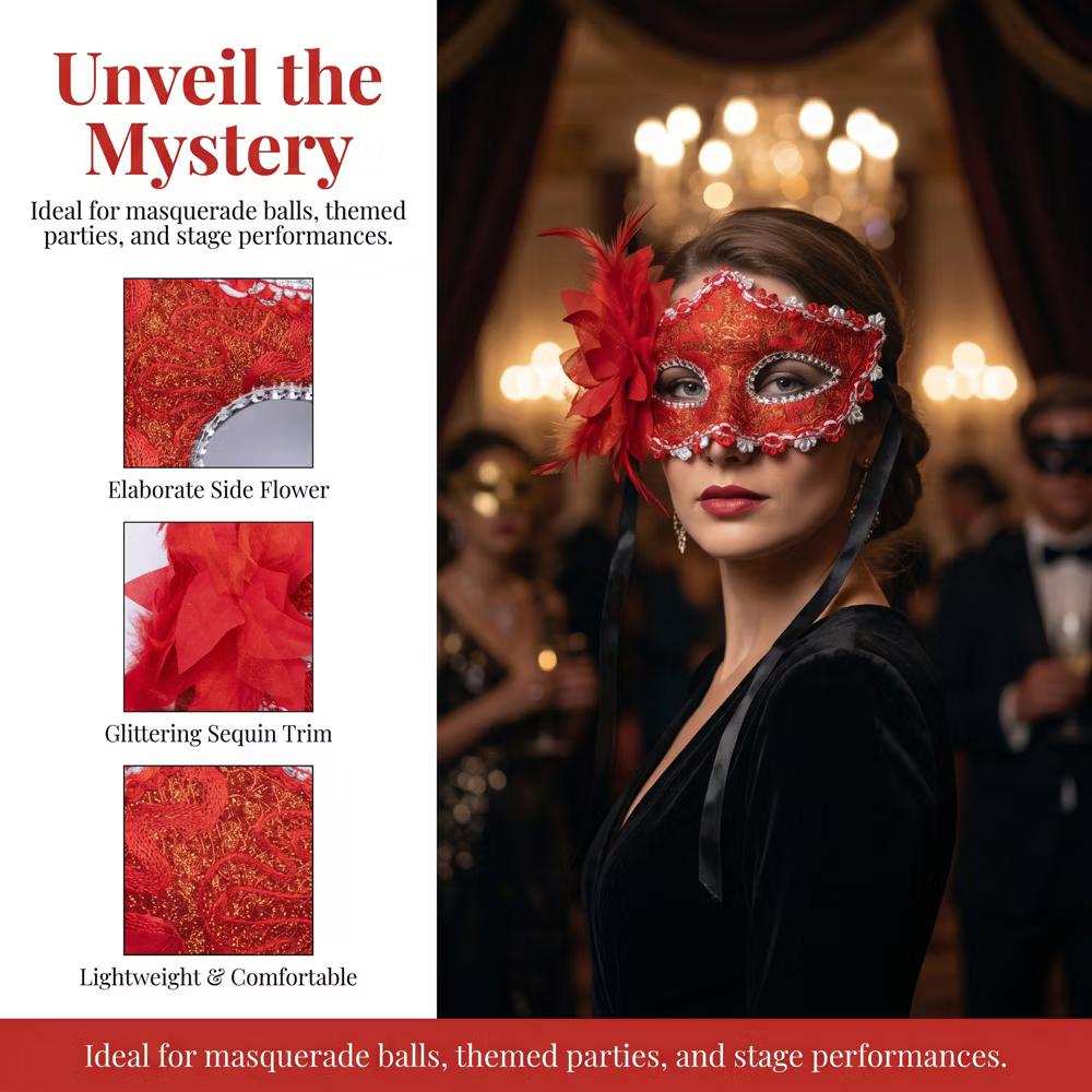 Venetian Masquerade Side Flower Rose Eye Mask for Halloween Costume Party Decor - Image 46
