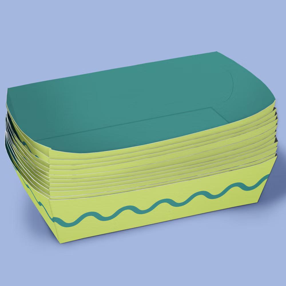 Light Green and Teal Wavy Paper Food Trays, Disposable Food Boats Retro Birthday Party, Double-Sided Meal Holders - Set of 12 - Image 4