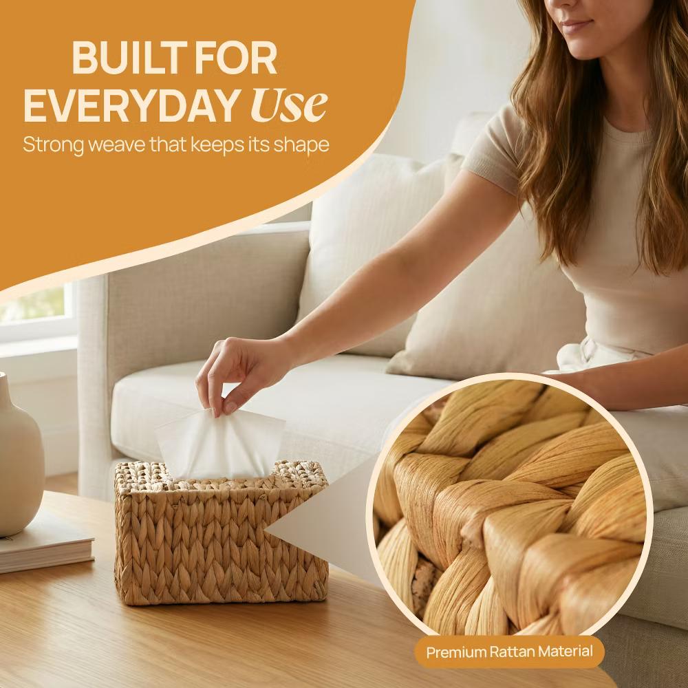 Vintiquwise Water Hyacinth Wicker Rectangular Tissue Box Cover - Tall, Size of a Tissue Box - Image 3
