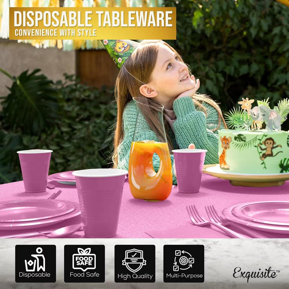 Exquisite Pink Party Tableware Set – 222-Piece Disposable Dinnerware Kit Serves 20 Guests | Paper Plates, Plastic Cups, Cutlery, Napkins & Table Cover - Image 5