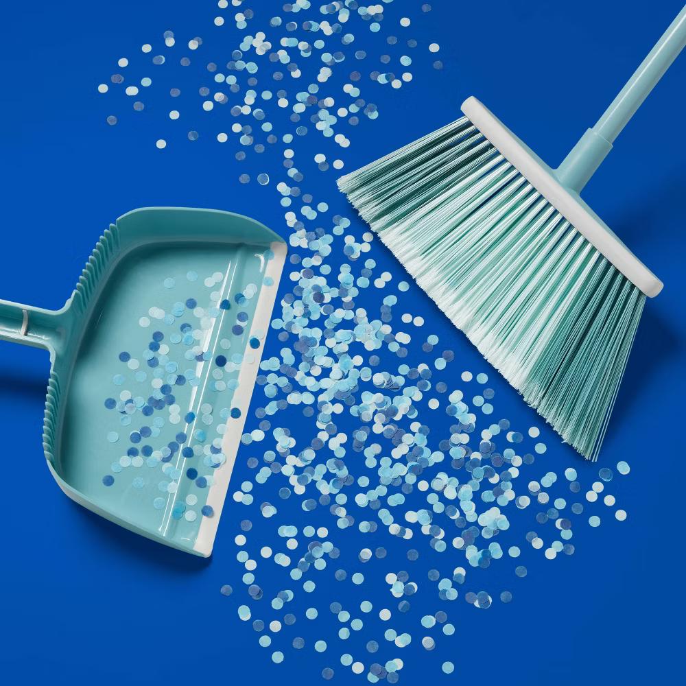 Angle Floor Broom with Clip-on Dust Pan Set - Steel Handle, Soft Grip, Hanging Loop