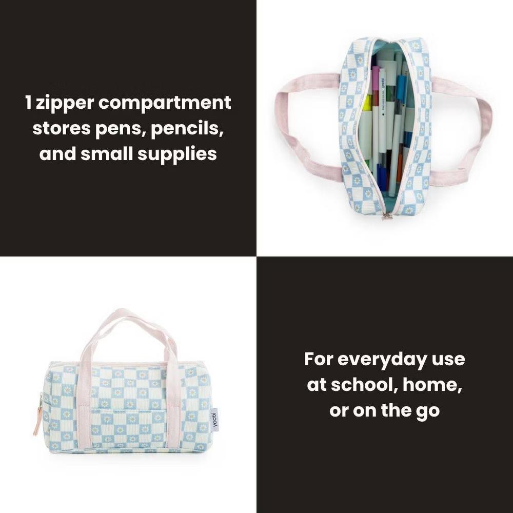 Single Zip Pencil Pouch with Handles - Pale Blue Daisy Checker, School Supplies