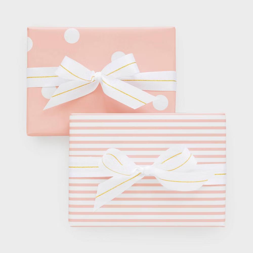 2pk 118"x30" Polka Dot and Striped Wrapping Paper Set Pink/White - Image 4