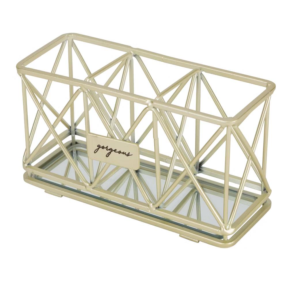 3 Compartment Cosmetic Brush and Pencil Organizer Gold - Steel Bathroom Storage Tray, Spot Clean - Image 4