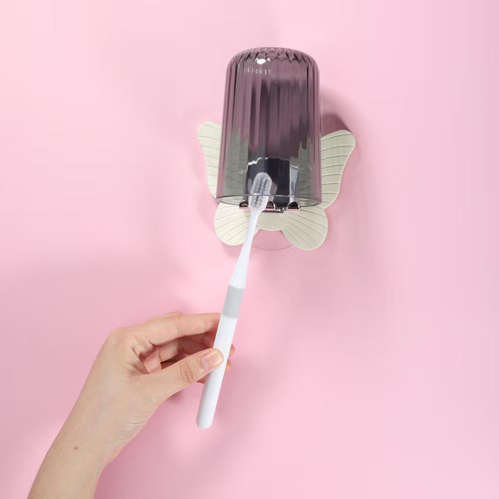 Bathrooms Wall Mounted Butterfly Shape Toothbrush Holder with Cup Beige 4.33"x3.35" 1 Set - Image 4