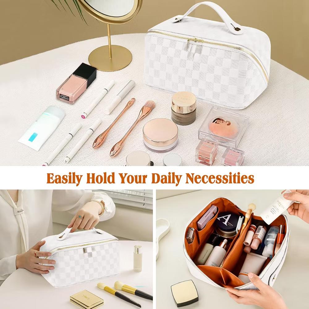 Checkered Makeup Bag, Large Capacity Cosmetic Bag with Handle, Portable Waterproof Travel Toiletry Organizer for Women - Image 6