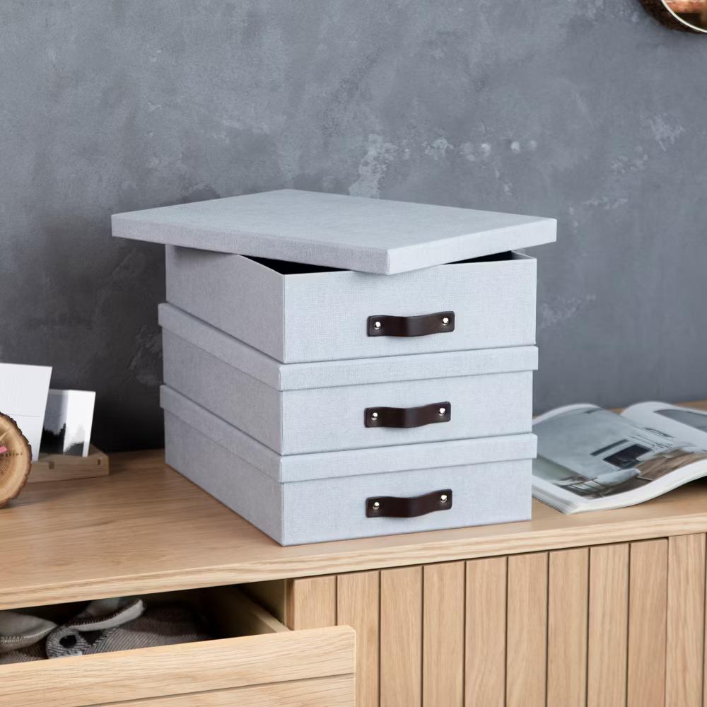 Bigso Oskar Document Letter Box with Lid and Leather Handle – Canvas Fiberboard File Organizer, 3.3" 10.2" 13.8" - Image 5