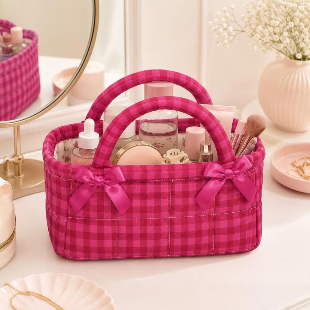 Quilted Gingham Storage Caddy with Handles Bow Accent for Makeup Vanity Dorm Bathroom Organizer - Image 2