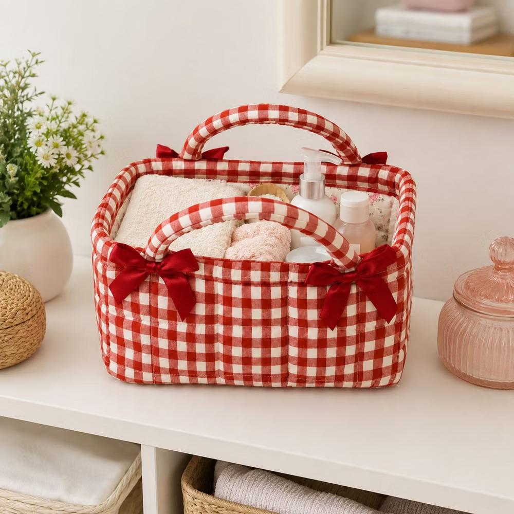 Quilted Gingham Storage Caddy with Handles Bow Accent for Makeup Vanity Dorm Bathroom Organizer - Image 5