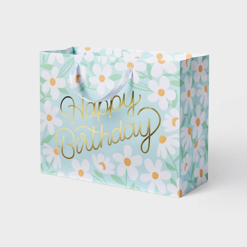 Medium Foil Print ‘Happy Birthday’ Daisies Birthday Gift Bag Blue/White - Image 2