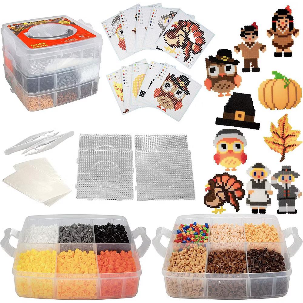 8,000pc DIY Thanksgiving Fuse Bead Craft Kit - 15 Colors, 10 Unique Templates, 4 Peg Boards, Tweezers, Ironing Paper, Case - Works w Perler Beads