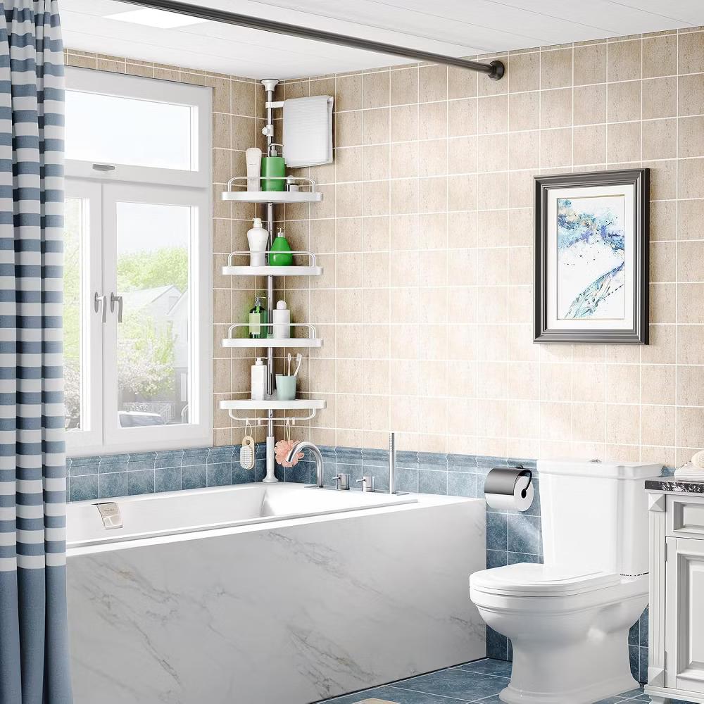 Adjustable Tension Pole Shower Shelf, 4-Tier Corner Caddy with ABS Baskets, No Drill Bathroom Storage - Image 2
