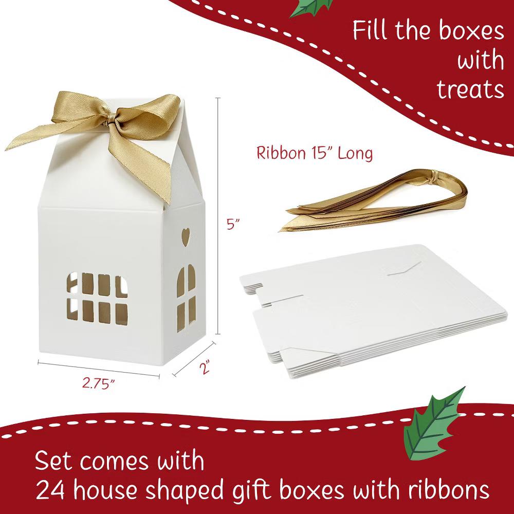 Christmas House Shaped Gift Boxes with Ribbons for Weddings, Housewarming, Cookies, Candies, Treats, Party Favors (Set of 24), White - Image 10
