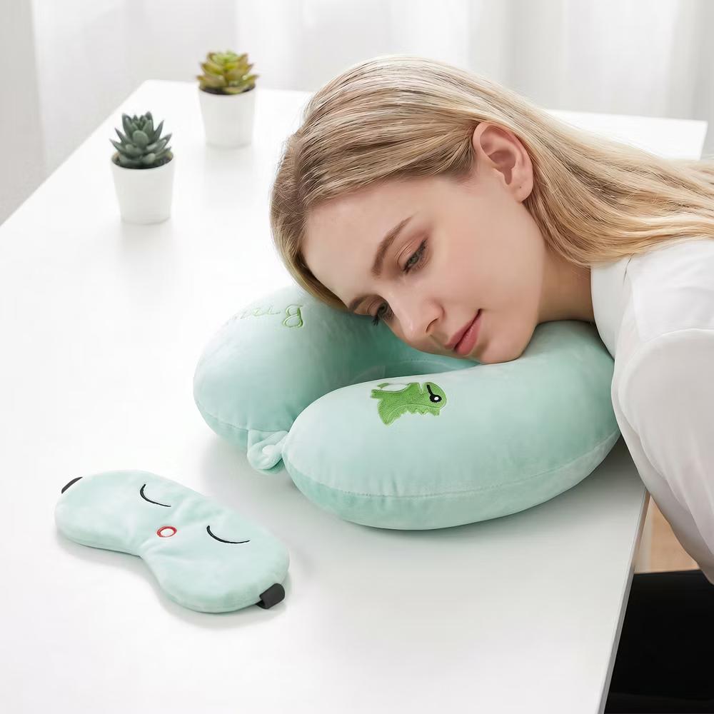 U‑Shape Memory Foam Travel Pillow Set with Decor Embroidery and Eye Mask 1Pc