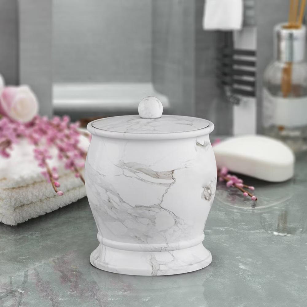 Marble Patterned Compton Q-tip Jar - Resin Bathroom Organizer, Swab Container, 5.12" Height - Image 4