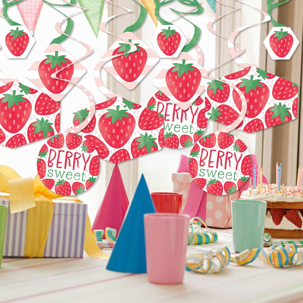 Berry Sweet Strawberry - Fruit Themed Birthday Party or Baby Shower Hanging Decor - Party Decoration Swirls - Set of 40