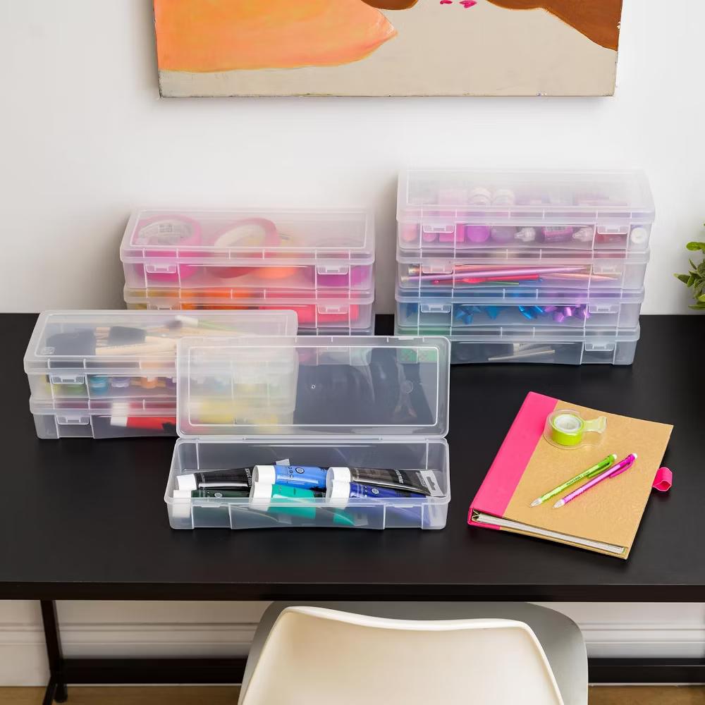Pencil Case Box Storage Container for Organizing with Snap Lid, Stackable Plastic Pen Pouch, Clear, Large, 6Pk
