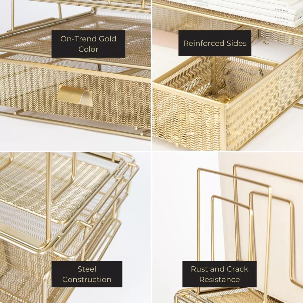 Blu Monaco Gold Desk Organizer - Includes Detachable File Organizer, Stackable Paper Tray & Drawer, Office Supplies for Desk - Image 2