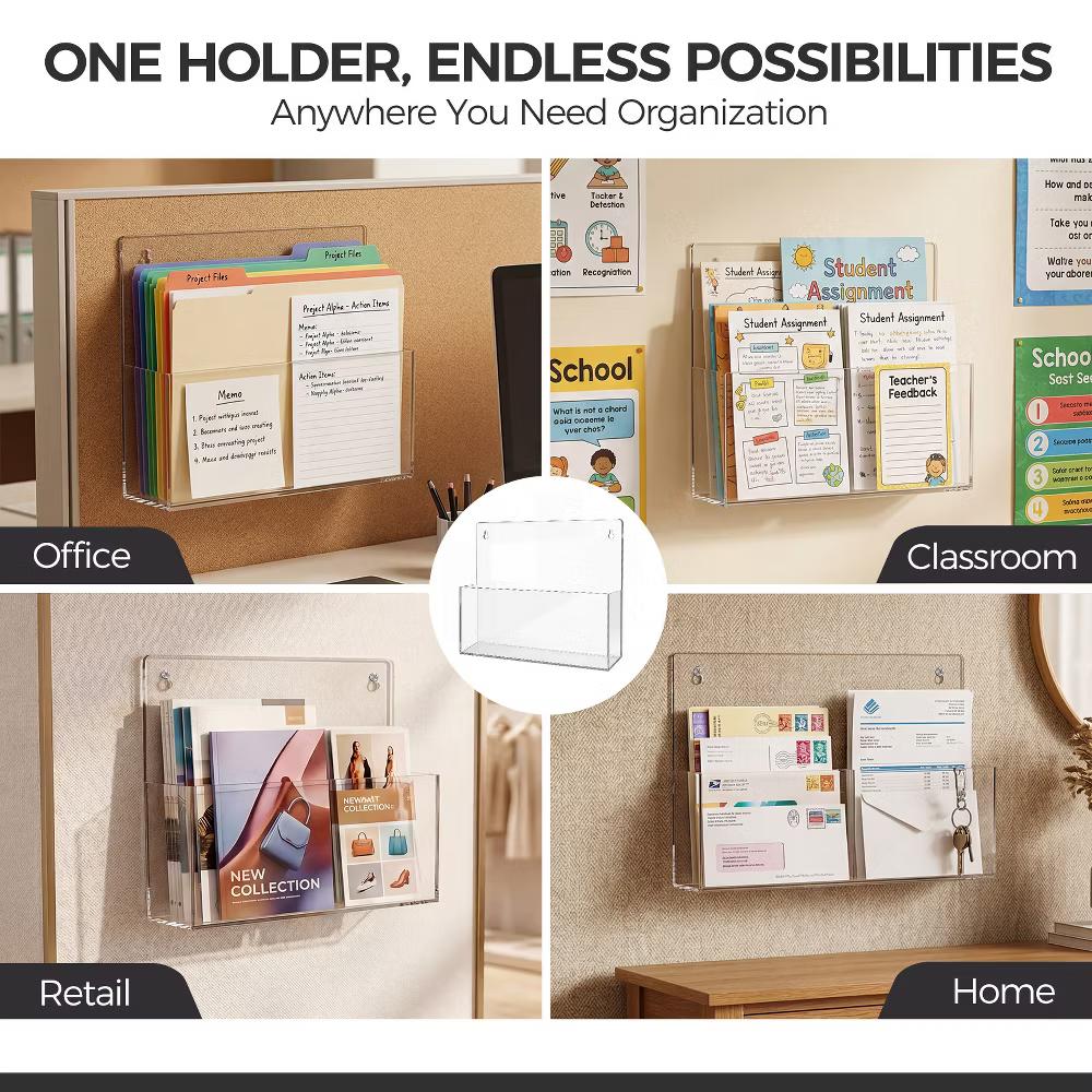 2 PCS Clear Acrylic Wall File Holder Adhesive Mount Office Document Organizer - Image 2