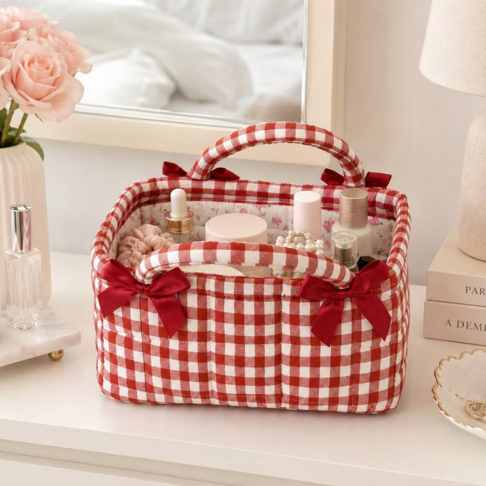 Quilted Gingham Storage Caddy with Handles Bow Accent for Makeup Vanity Dorm Bathroom Organizer - Image 6
