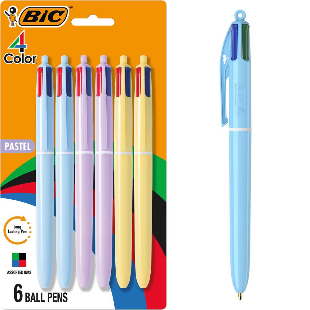 4-Color Pastel Barrel Multicolor Ballpoint Pens, Long-Lasting Ink and 1.0 mm Medium Point, 6-Count Pack in Black, Blue, Red and Green Ink