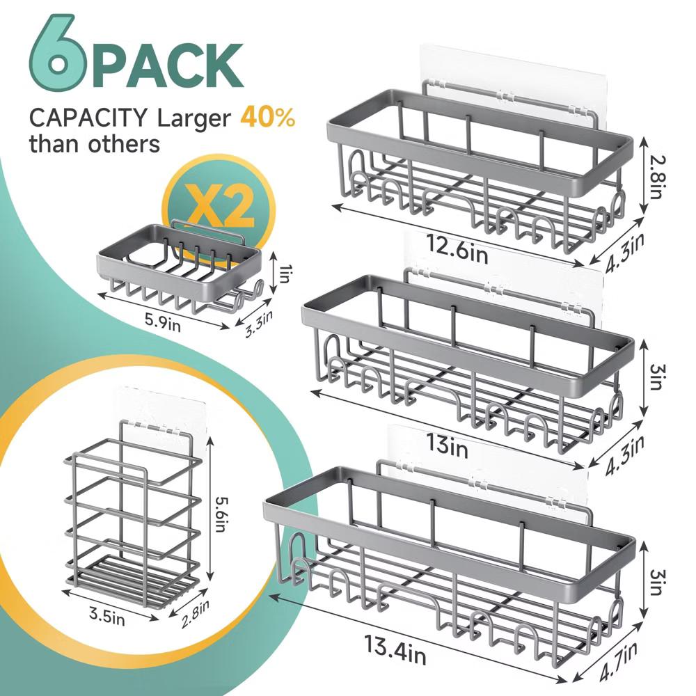 Veken Shower Caddy 6 Pack, No Drill Rustproof Waterproof Adhesive Shelf Organizer, Large Capacity Wall Mount Bathroom Rack for Kitchen Home - Image 4