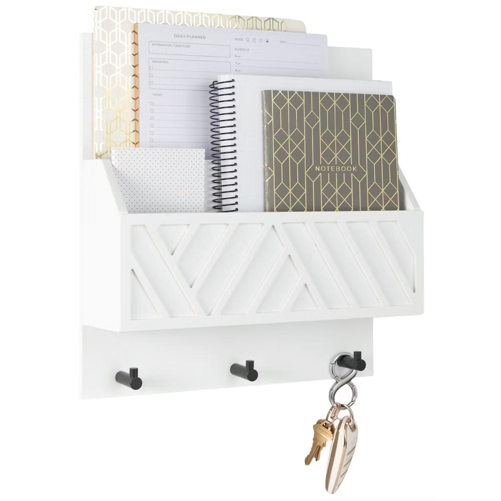 Wall Mounted Mail Organizer with 2 Slots and 3 Hooks – Multiple Finishes – MDF Wood